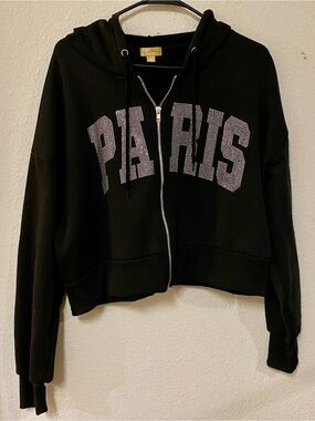 Cult Favorite Paris Rhinestone Zip Hoodie - Size Large - NWT!